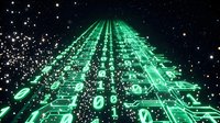 Green digital data stream flowing upward through cyberspace with binary code and glowing particles against starry black background for tech concepts.