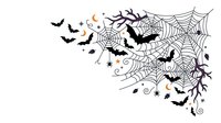 Spiderweb corner design with flying bats, spiders and autumn leaves isolated on white background. Suitable for Halloween decorations, greeting cards, t-shirt designs and seasonal graphics.