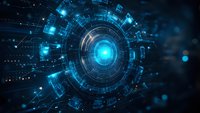 Glowing blue circular technological interface with digital elements and geometric patterns radiating from central core against dark background. For tech presentations.