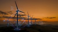 Wind turbines generating renewable energy at sunset with dramatic orange sky and light beams creating sustainable power landscape for environmental projects.