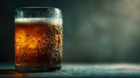 Refreshing cola drink with ice cubes and bubbles in glass on wooden surface. Cold carbonated beverage with foam and condensation droplets for summer refreshment.