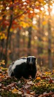 Adorable skunk in autumn forest with colorful fall foliage and warm sunlight creating magical bokeh background for wildlife and nature themes.