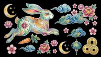 Colorful Chinese zodiac rabbit clipart set with floral elements, clouds, lantern, coins, and moon, isolated on transparent background, for stickers, sublimation, and t-shirt design.