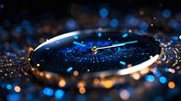 Luxury watch face with glowing blue bokeh lights creating magical atmosphere. Close up macro photography shows intricate details and reflections on glass surface.
