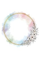 Watercolor circular frame with gold ring and botanical line art flowers, soft pastel wash background, empty center space for text or design elements.