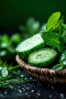 Fresh small cucumbers with water drops and mint leaves in woven basket on dark background, macro food photography with selective focus and bokeh.