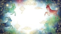 Mystical Asian-inspired background with colorful lion guardians, golden ornaments, clouds and geometric patterns for traditional festival designs.