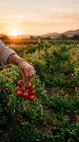 Farmer hand holding fresh ripe tomatoes at sunset in organic vegetable garden with mountains in background during golden hour harvest time.