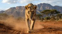 Powerful lioness walking on dusty African savanna with dramatic mountains and acacia trees in background during golden hour wildlife photography.