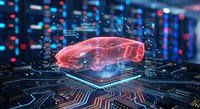 Futuristic holographic sports car projection with digital data network connections and glowing circuit board technology background for automotive innovation.