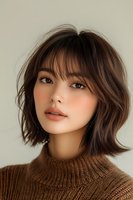 Young Asian woman with short wavy brown hair and bangs wearing brown knit sweater, natural makeup look with coral lips against neutral background. For beauty and fashion content.