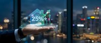 Real estate investment growth concept with businessman hand displaying 25% profit increase hologram against city skyline background for financial planning.