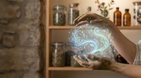 Hands protecting glowing energy sphere with swirling patterns in natural medicine apothecary setting with herbs and bottles on wooden shelves.
