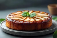 Homemade apple cake with fresh mint garnish on dark plate. Golden brown dessert with sliced apples arranged in decorative pattern, perfect for cafes and bakeries.