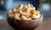 Fresh raw cashew nuts in wooden bowl on dark background, selective focus macro shot showing natural texture and curves of healthy organic nuts.
