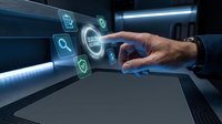 Male hand interacting with holographic security icons including lock, shield, and search symbols on digital interface for cybersecurity and data protection concepts.