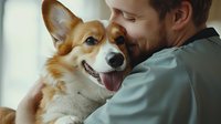 Happy Pembroke Welsh Corgi dog with tongue out being cuddled by young Caucasian man in casual clothing, showing pet companionship and bonding moment.