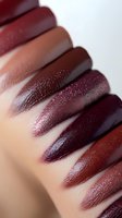 Lipstick swatches in deep burgundy, plum and brown shades on light skin showing rich metallic and matte textures for makeup artistry and cosmetic presentation.