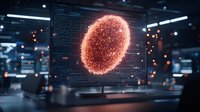 Futuristic holographic display showing glowing red particle sphere with code interface in dark technological environment. Scientific visualization concept.