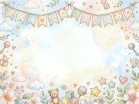 Pastel nursery frame with bunting, teddy bear, gifts, flowers, clouds, stars and hearts on white background, suitable for baby shower invitations, greeting cards and children's designs.