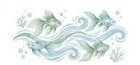 Watercolor goldfish swimming in flowing waves with aquatic plants and bubbles on transparent background, isolated clipart for marine design projects.