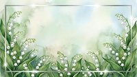Watercolor lily of the valley floral frame with soft green background, white bell flowers and lush leaves, elegant botanical border for cards and invitations.