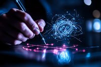 Digital pen drawing glowing network sphere with connected dots and lines, neon blue and pink light effects on dark background with bokeh reflections.