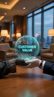 Businesspeople holding glowing digital globe with customer value text in modern office with city skyline view, representing business strategy and digital transformation.