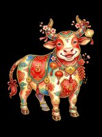 Festive Chinese New Year ox with lucky symbols, lanterns, and cherry blossoms, isolated on transparent background. For stickers, T-shirts, and print on demand.