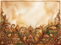 Vintage ornamental border with scrolling flourishes and botanical elements in warm brown and gold tones on aged cream background, suitable for invitations, certificates, and decorative design projects.