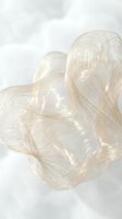 Transparent flowing fabric with golden threads creates ethereal sculptural form against soft white background for luxury design projects.