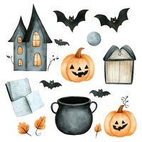 Watercolor Halloween elements set with haunted house, jack-o-lantern pumpkins, flying bats, cauldron, spell book, and autumn leaves on white background.