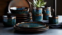 Elegant dinnerware set featuring dark ceramic plates, bowls and mugs with distinctive blue and copper reactive glaze pattern against black background with succulent decor.