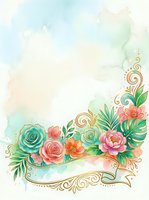 Watercolor floral frame with roses, peonies, and decorative swirls on soft pastel background, isolated design element for invitations, cards, and stationery projects.
