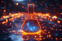 Glowing orange laboratory flask with magical blue liquid inside against dark background with bokeh lights and reflective surface. Science concept.