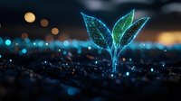 Glowing blue plant sprout emerging from dark soil against blurred bokeh lights background, symbolizing growth, innovation and environmental technology.