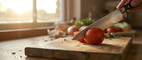 Knife slicing fresh red tomato on wooden cutting board in bright kitchen with window light, food preparation and cooking.