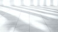 Diagonal sunlight and shadows cast on white tiled floor create minimalist geometric pattern with clean lines and modern architectural feel.