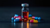 Medical vial with amber liquid surrounded by colorful capsule pills on dark background, dramatic lighting creates pharmaceutical atmosphere.