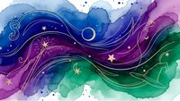 Watercolor cosmic waves with celestial symbols, stars and moons in purple, blue and green gradient flowing abstract background for mystical designs.
