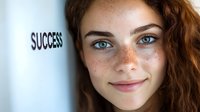 Young confident businesswoman with freckles and curly hair smiling near success text on wall, representing achievement and professional growth in corporate environment.