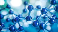 Shiny blue molecular structure with connected spheres and bonds on blurred background representing scientific research and chemical compounds in medicine.