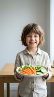 Happy young child holding plate of fresh vegetables including carrots and cucumbers promoting healthy eating habits and nutrition education.