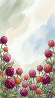 Watercolor garden scene with vibrant pink and orange globe amaranth flowers, green leaves, and small gardening tools on soft pastel background.