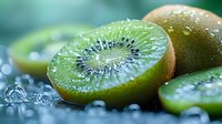 Fresh juicy kiwi fruit slices with water drops on dark surface, extreme macro close up shot showing detailed texture and seeds in bright green flesh.