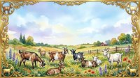 Herd of goats and cattle grazing in pastoral countryside meadow with ornate golden decorative border frame, suitable for farmland and agricultural designs.