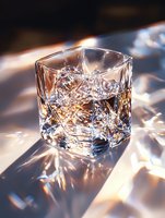 Crystal glass with ice cubes catching sunlight, creating dramatic shadows and light refractions on surface. Elegant beverage presentation for luxury drink photography.