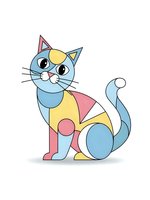 Colorful geometric cat with abstract shapes in pastel colors on white background. Modern artistic feline design for creative projects and decorations.