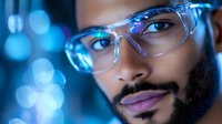 Young African American man wearing transparent protective glasses with blue neon lights reflection, close up portrait against blurred bokeh background in modern tech environment.