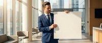 Professional businessman in navy suit holding blank white poster in modern office space for corporate presentations and marketing campaigns.
